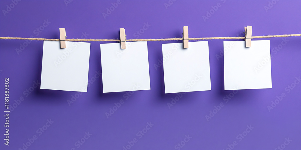 Notes or cards mock-up on a rope on a background of a purple and lilac wall. Concept banner template for text, notes, photo, declarations of love or holiday garlands, Valentine's style with copyspace Notes or cards mock-up on a rope on a background of a purple and lilac wall. Concept banner template for text, notes, photo, declarations of love or holiday garlands, Valentine's style with copyspace