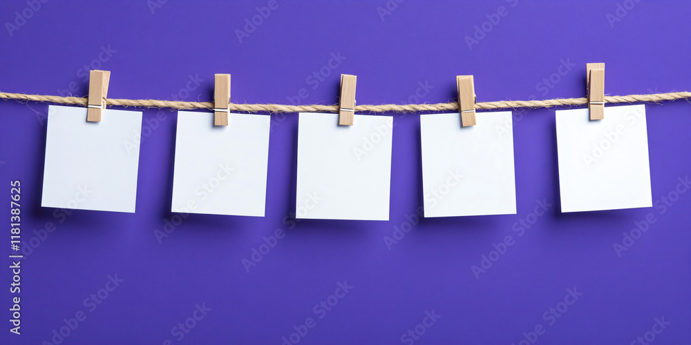 Notes or cards mock-up on a rope on a background of a purple and lilac wall. Concept banner template for text, notes, photo, declarations of love or holiday garlands, Valentine's style with copyspace Notes or cards mock-up on a rope on a background of a purple and lilac wall. Concept banner template for text, notes, photo, declarations of love or holiday garlands, Valentine's style with copyspace