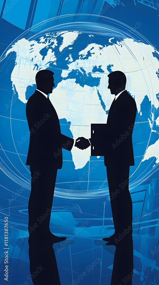 A businessman shaking hands with a silhouette of the world map behind him, in blue tones A businessman shaking hands with a silhouette of the world map behind him, in blue tones