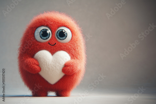 A cute red wool monster with big eyes, a white heart-shaped belly. Copy space, place for text, funny horizontal postcard or poster for Valentines Day