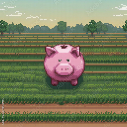 Cute pink pig in a lush green field, pixel art style.