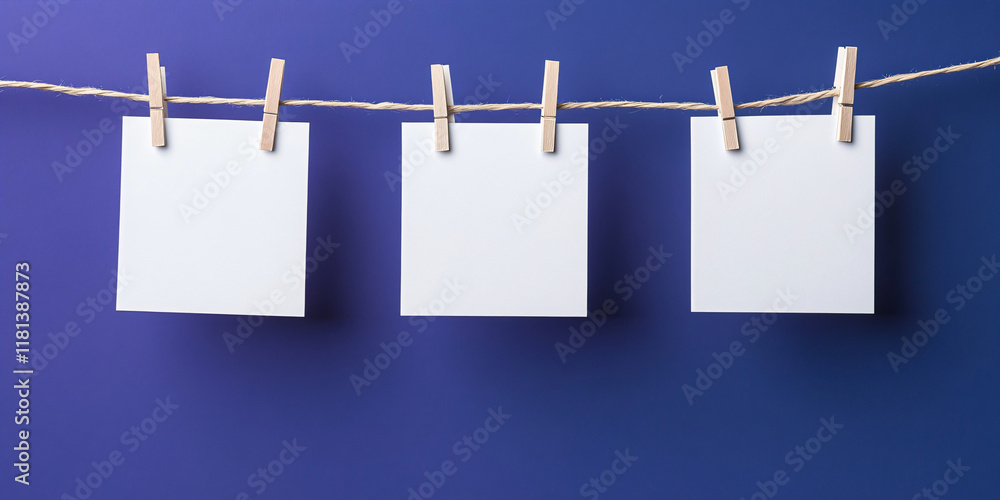 Notes or cards mock-up on a rope on a background of a purple and lilac wall. Concept banner template for text, notes, photo, declarations of love or holiday garlands, Valentine's style with copyspace Notes or cards mock-up on a rope on a background of a purple and lilac wall. Concept banner template for text, notes, photo, declarations of love or holiday garlands, Valentine's style with copyspace