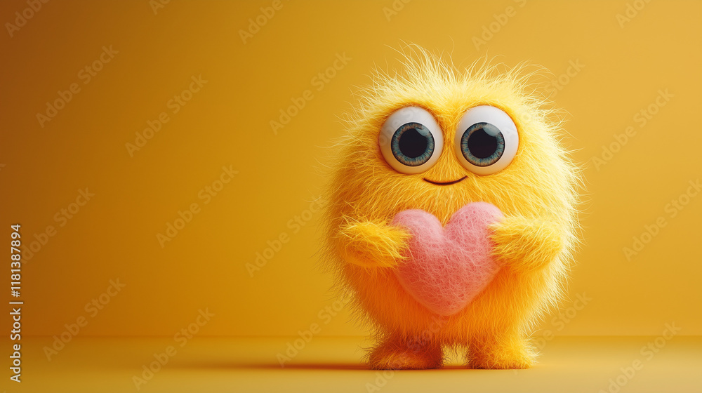 A cute yellow wool monster with big eyes, a pink heart-shaped belly. Copy space, place for text, funny horizontal postcard or poster for Valentines Day A cute yellow wool monster with big eyes, a pink heart-shaped belly. Copy space, place for text, funny horizontal postcard or poster for Valentines Day
