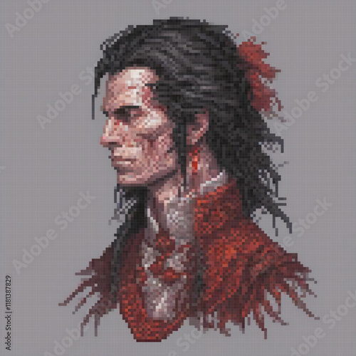 Pixel art cross stitch pattern featuring a man with dreadlocks.