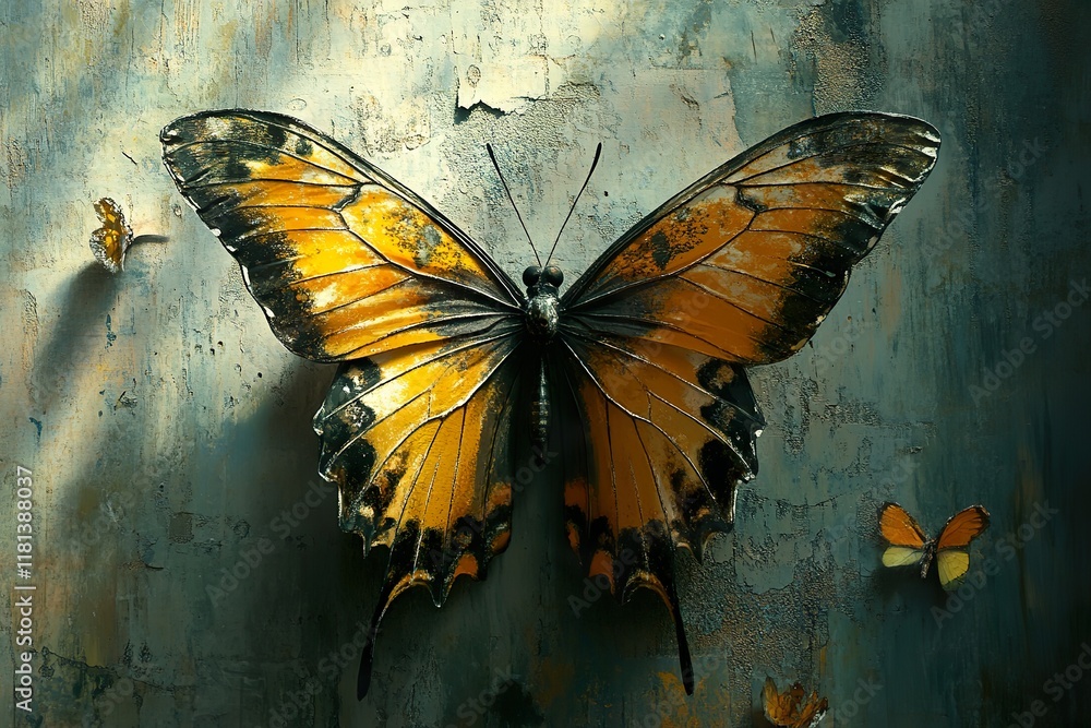 A Large Yellow Butterfly On A Textured Background A Large Yellow Butterfly On A Textured Background