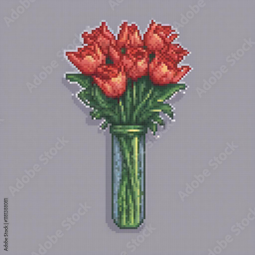 Pixel art of a vase with red flowers on a table