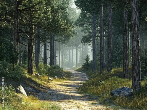 A serene forest path surrounded by tall trees and soft sunlight. photo