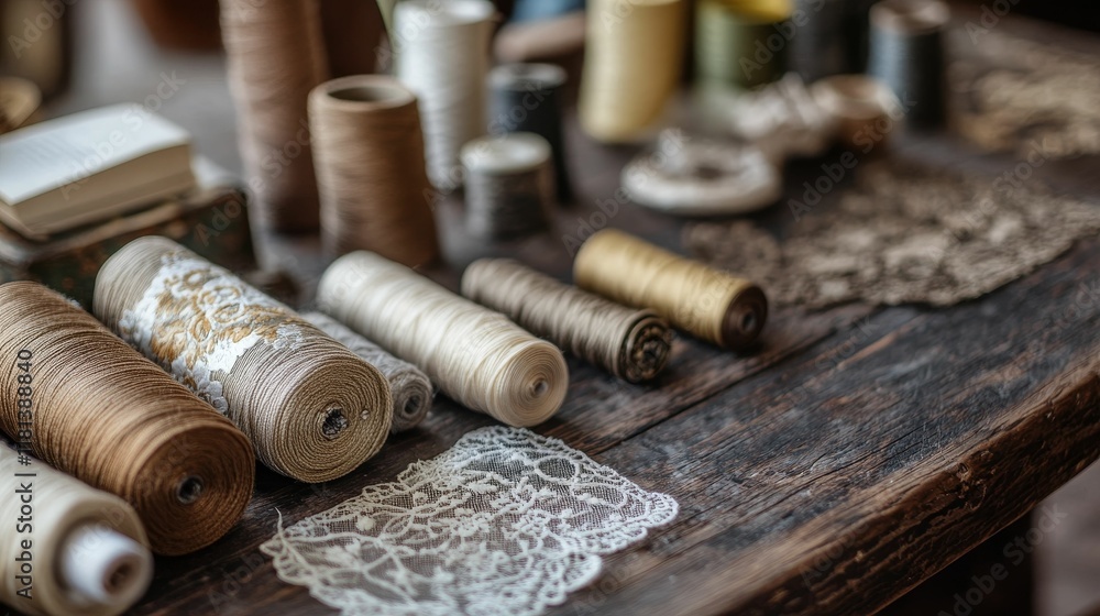 Wooden table, spools of thread, lace, book. Wooden table, spools of thread, lace, book.