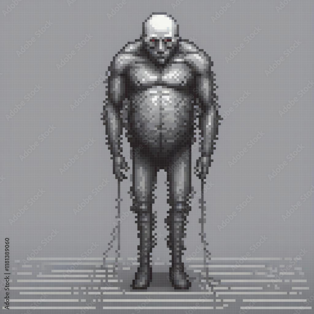Fototapeta premium Pixel art depicting a man in chains, showcasing a 3D model.