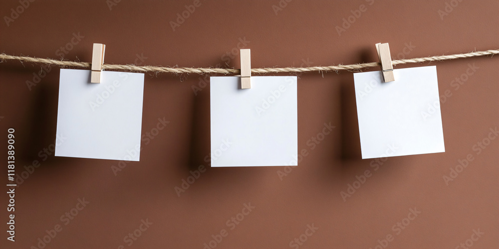 Notes or cards mock-up on a rope on a brown and mocha mousse background. Concept banner template for text, notes, photo, declarations of love or holiday garlands, Valentine's style with copyspace Notes or cards mock-up on a rope on a brown and mocha mousse background. Concept banner template for text, notes, photo, declarations of love or holiday garlands, Valentine's style with copyspace