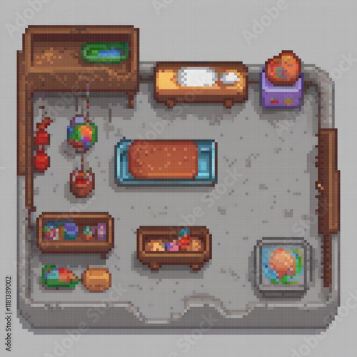 Pixel art of a cozy room filled with stylish furniture.