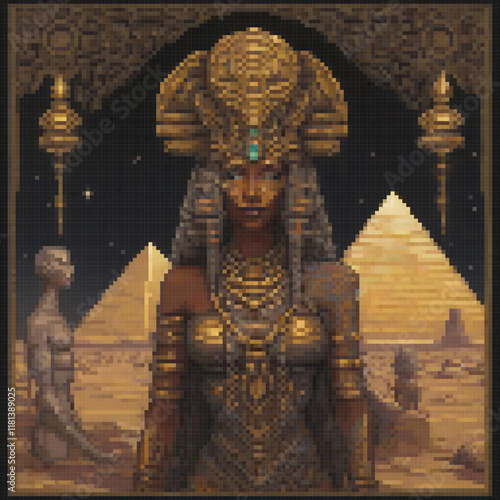 Ancient Egyptian Pharaohs portrait amidst the majestic pyramids.