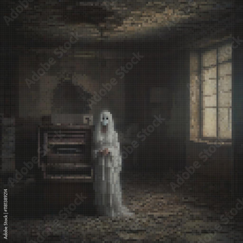 Elegant woman in a pristine white dress amidst an eerie, deserted room.