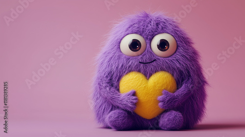 A cute purple wool monster with big eyes, a yellow heart-shaped belly. Copy space, place for text, funny horizontal postcard or poster for Valentines Day