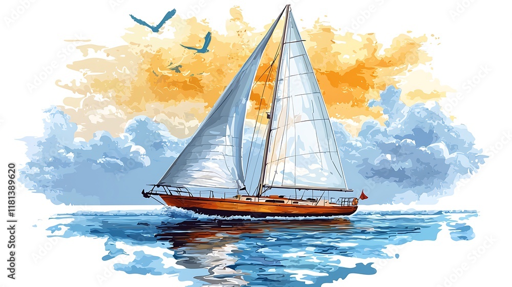Fototapeta premium A sailboat glides across the ocean under a vibrant sunset sky, with birds in flight adding to the serene scene.