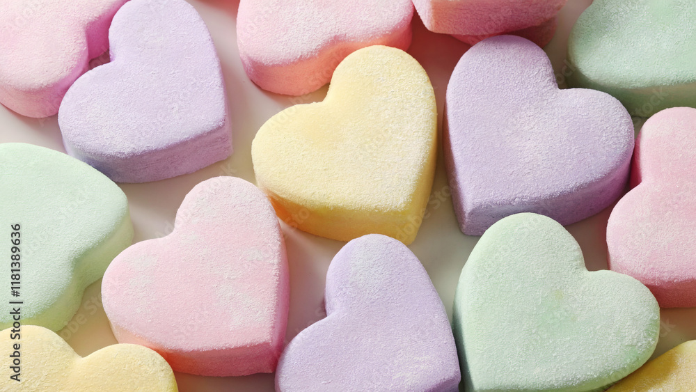 Heart-shaped Candy: A collection of pastel-colored heart-shaped candies with a soft, powdery finish, in shades of pink, purple, yellow, light blue, green Heart-shaped Candy: A collection of pastel-colored heart-shaped candies with a soft, powdery finish, in shades of pink, purple, yellow, light blue, green