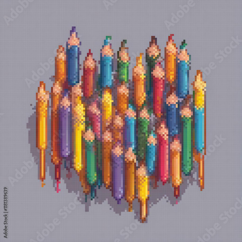 Colorful pixel art of pencils in a vibrant circle formation.