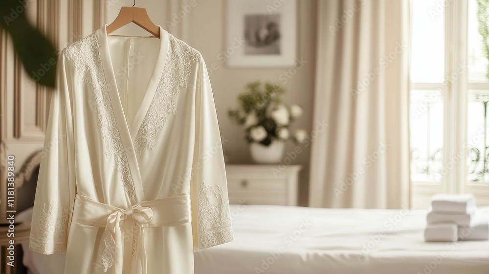 Elegant cream robe, lace detail, bedroom setting. Elegant cream robe, lace detail, bedroom setting.