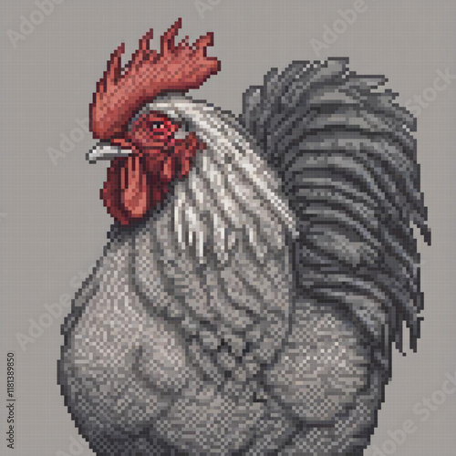 Vintage pixel art of a rooster with a vibrant red comb.