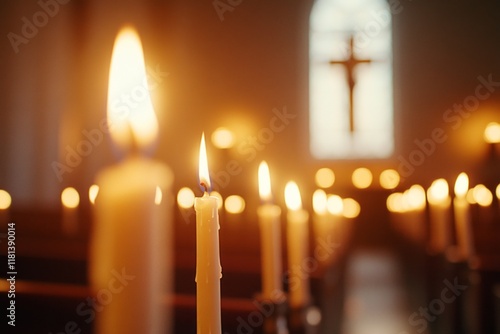 Burning candles illuminating chapel interior with crucifix in background