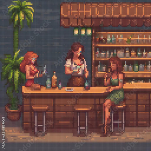 Pixel art depicts women enjoying bar time in a retro style.