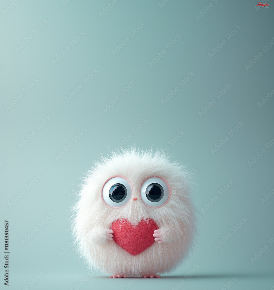 Obraz premium A cute white wool monster with big eyes, a red heart-shaped belly. Copy space, place for text, funny vertical postcard or poster for Valentines Day