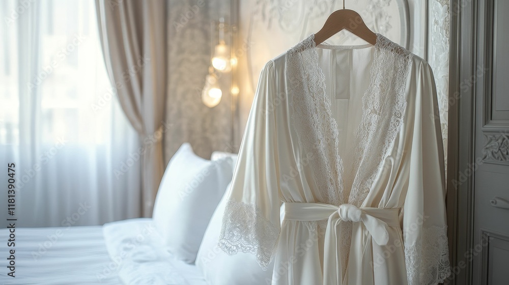 Lace-trimmed robe hangs, bedroom background. Lace-trimmed robe hangs, bedroom background.
