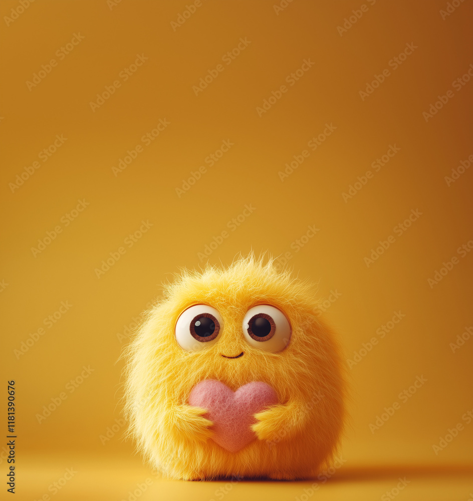 Obraz premium A cute yellow wool monster with big eyes, a зштл heart-shaped belly. Copy space, place for text, funny vertical postcard or poster for Valentines Day