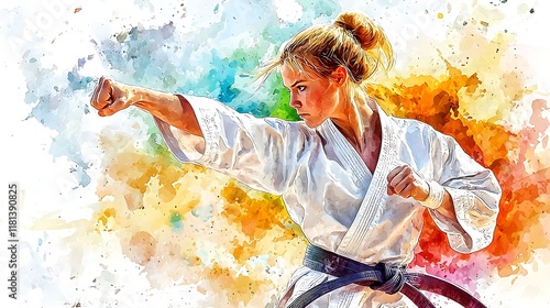 Wallpaper Mural Powerful Watercolor-Style Portrait of a Female Karateka Executing a Punch. Torontodigital.ca