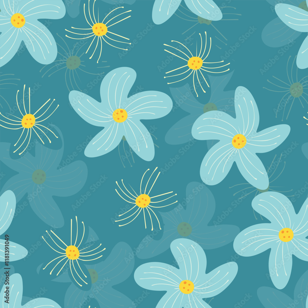 seamless doodle hand drawn blue and yellow flowers pattern background