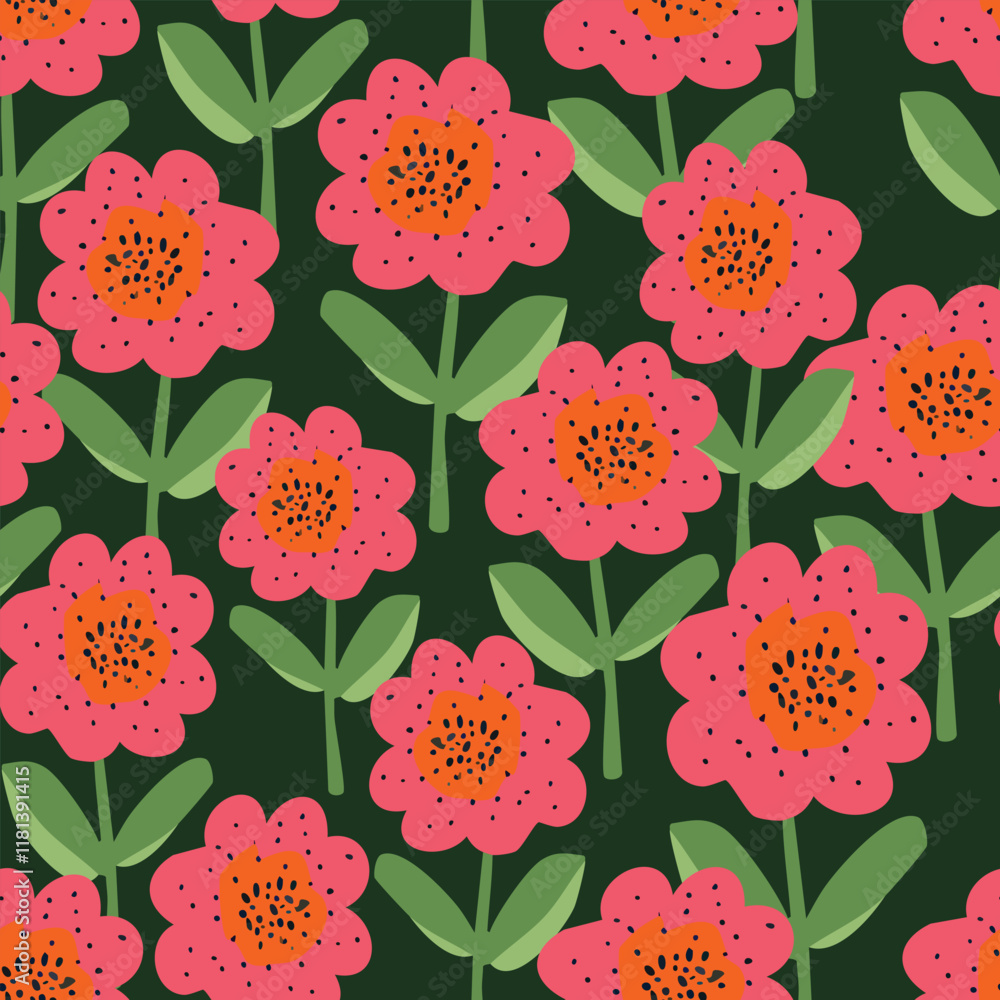seamless pink hand drawn flowers pattern on green background