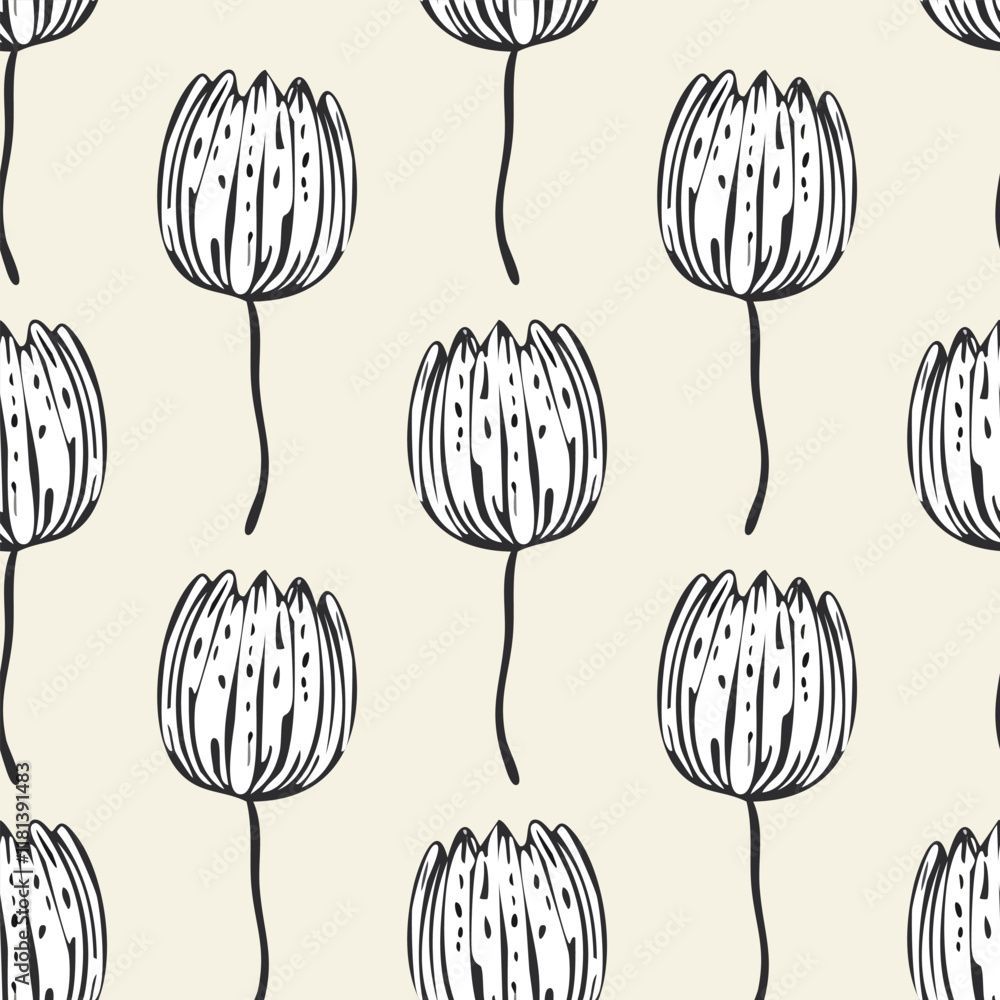 seamless monochrome hand drawn tulip flowers pattern background