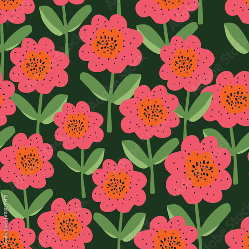 Obraz na płótnie seamless pink hand drawn flowers pattern on green background w salonie