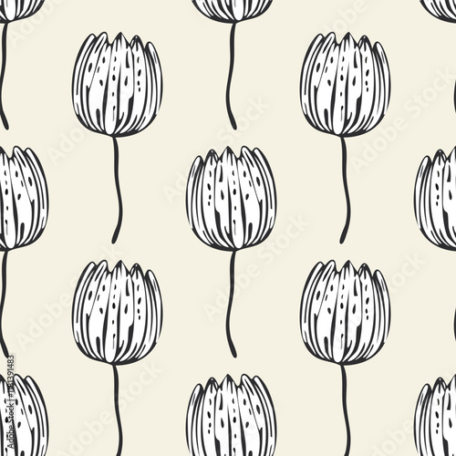 Obraz na płótnie seamless monochrome hand drawn tulip flowers pattern background w salonie