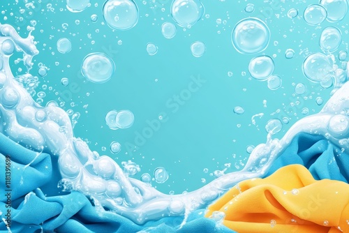 Wet clothes, laundry and soap water for laundromat business, housework and product background design. Blue, clothing and bubble wallpaper for clean clothes, eco friendly washing and, Generative AI