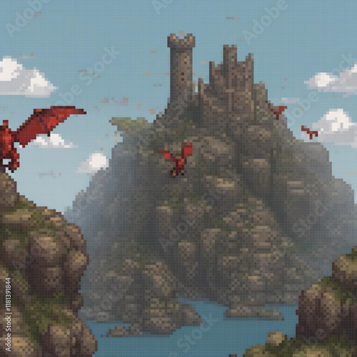 Red dragon soars above a majestic castle atop a mountain in pixel art.