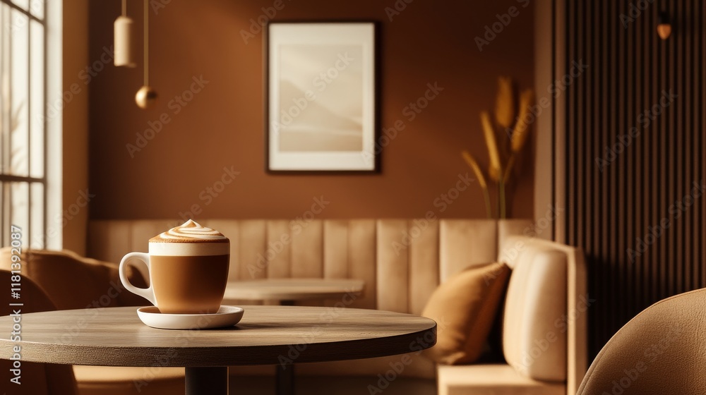 A steaming cup of coffee adorned with creamy swirls sits elegantly on a rustic wooden table in a stylish cafe. Soft lighting and plush seating create a serene atmosphere. A steaming cup of coffee adorned with creamy swirls sits elegantly on a rustic wooden table in a stylish cafe. Soft lighting and plush seating create a serene atmosphere.