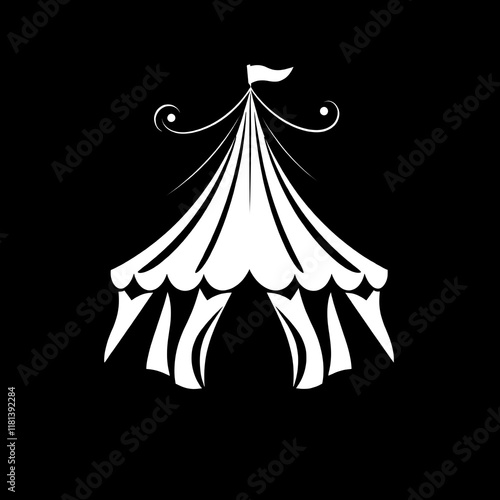 Circus Tent Icon: Elegant white circus tent silhouette on black background. Perfect for carnival, festival, event, and entertainment designs.  