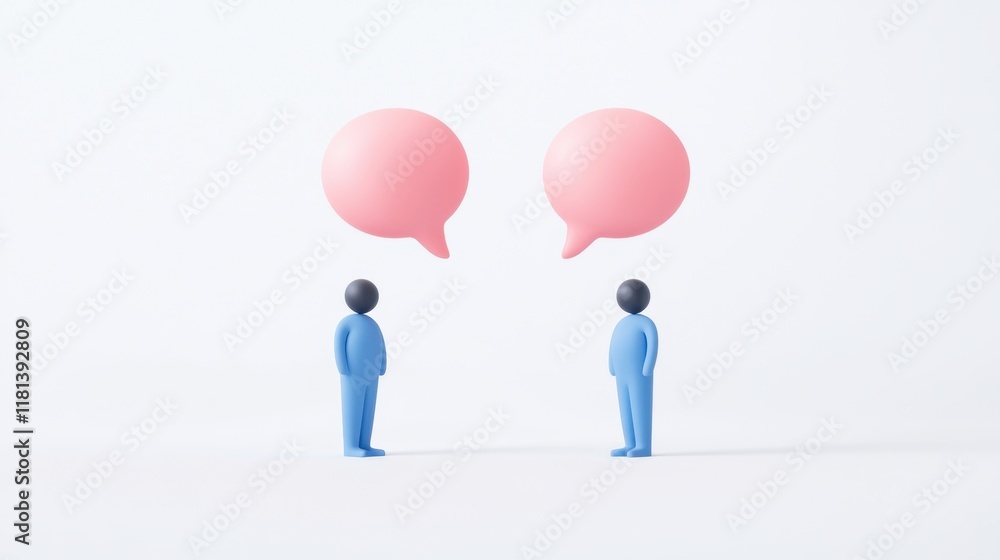 Two figures in blue stand facing each other, each with a speech bubble above them, symbolizing communication and conversation. Two figures in blue stand facing each other, each with a speech bubble above them, symbolizing communication and conversation.