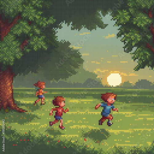 Pixel art: Kids joyfully sprinting in a sunset field.