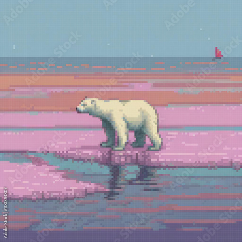 A whimsical pixel art of a polar bear on a pink ice floe in the ocean.