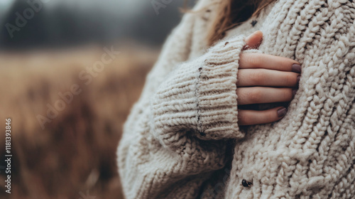 A woman wearing a beige ribbed sweater with hands resting on her chest in an outdoor field scene evoking calm and warmth  
