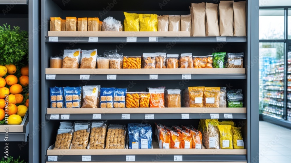 Fresh Grocery Aisle with Colorful Variety of Packaged Foods on Display in Modern Retail Environment Fresh Grocery Aisle with Colorful Variety of Packaged Foods on Display in Modern Retail Environment
