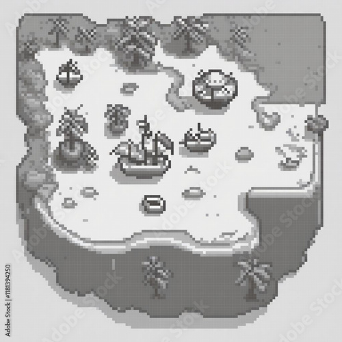Pixel art depicting a charming island map with a boat, perfect for collectors and enthusiasts.