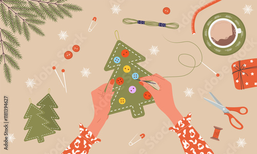 Felt Christmas Tree. Girl create Christmas tree from fabric, green threads, jute. Top view on workplace. Process of handmade toys. DIY holiday decorations. Vector illustration in flat cartoon style.