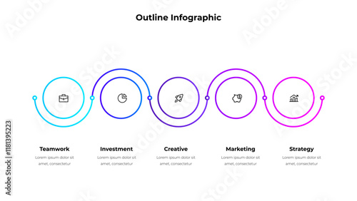 Five outline circle elements in horizontal row for infographic and presentation. Concept of 5 steps of business development process.