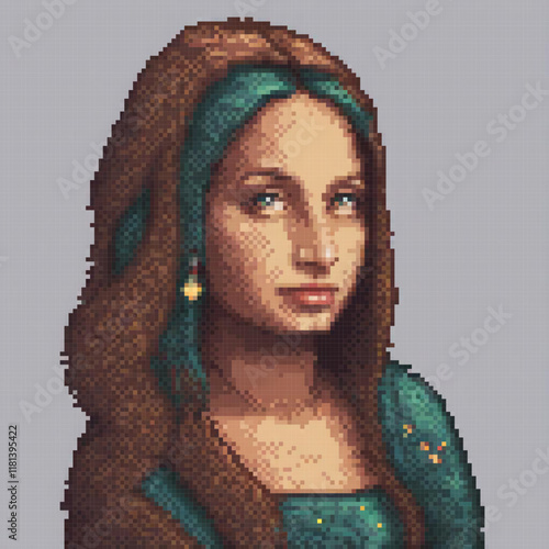 Stunning pixel art cross stitch pattern featuring a woman with flowing locks.