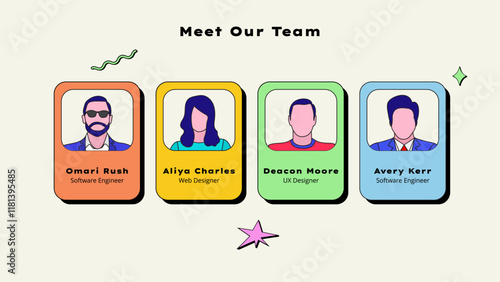 Neobrutalism presentation slide. Business data analytics y2k trendy design. Our team of software engineers, web and ux designers is meeting.