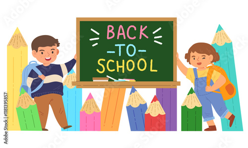 Two kids stands aside blackboard with "Back to School" words and colorful color pencils. Concept of funny, kindergarten, classroom decorative, educational advertising. Flat vector illustration.