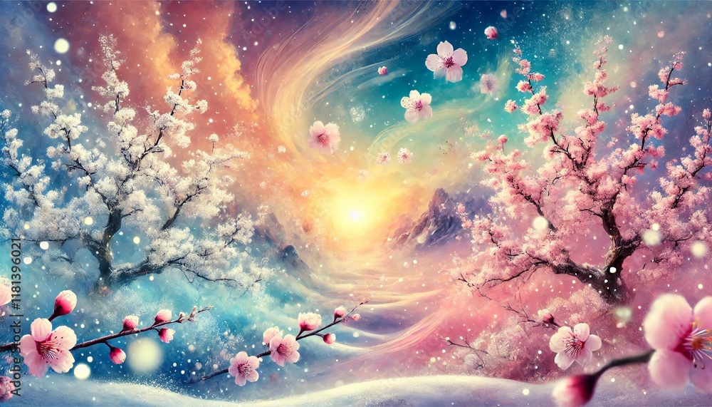 Twilight Harmony: Cherry Blossoms and Snowflakes in a Magical Sunset Wonderland Twilight Harmony: Cherry Blossoms and Snowflakes in a Magical Sunset Wonderland